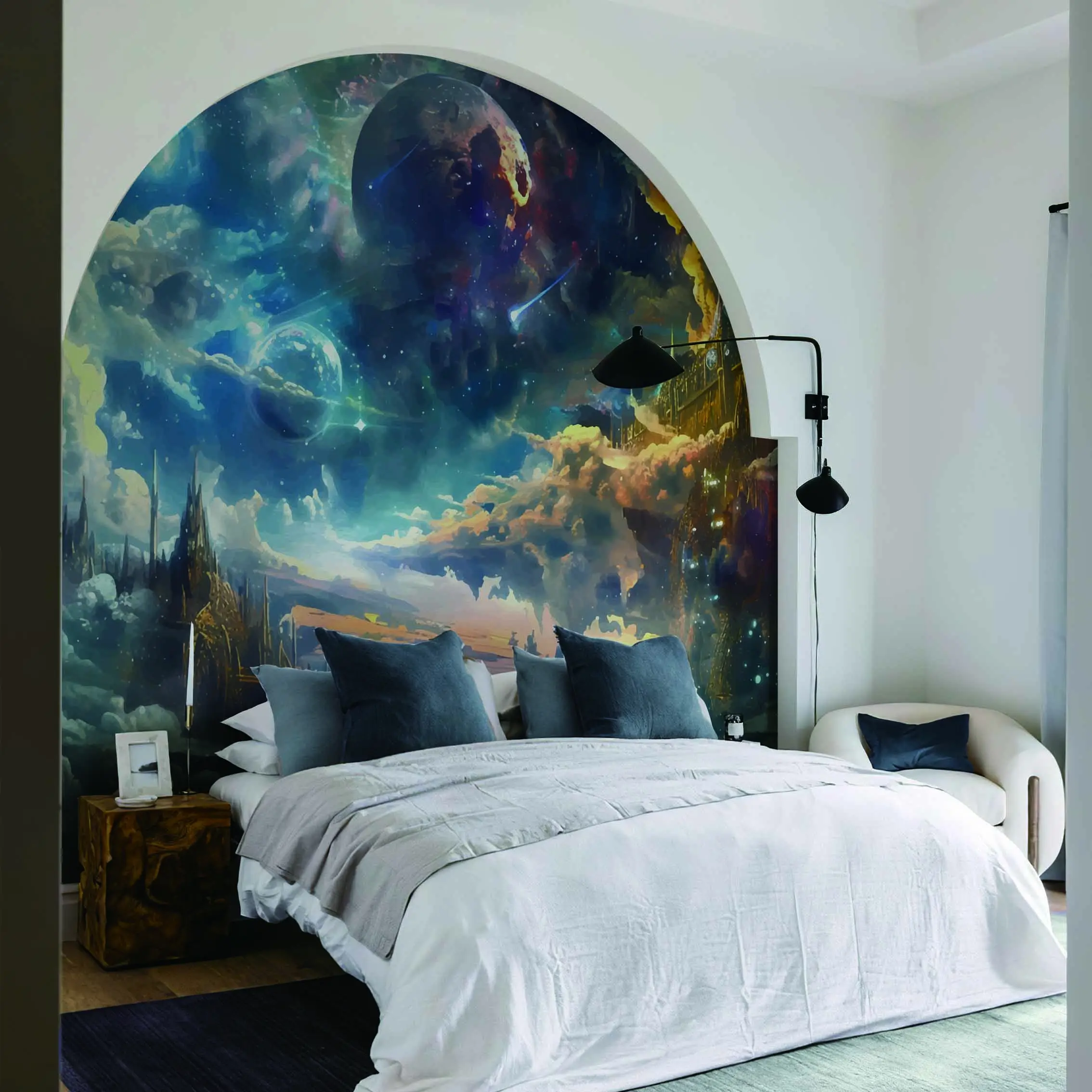 Cosmic Castle Space Wall Mural Peel and Stick Wallpaper Galaxy Fantasy Art 8-Panel 139.2×110.2 in for Bedroom Living Room