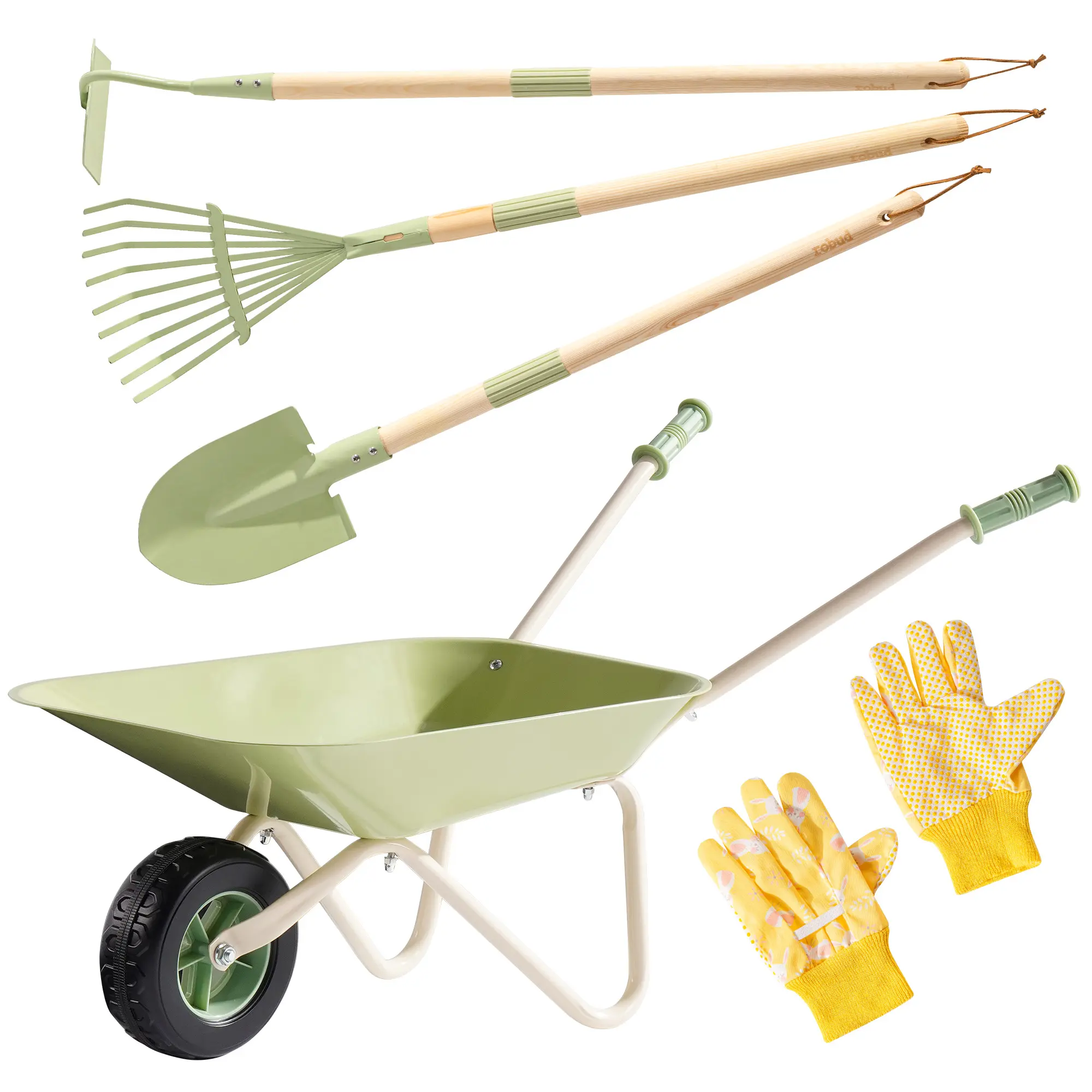 ROBUD Kids Wheelbarrow Set, Green Metal Toddler Wheelbarrow with Shovel, Hoe, Broom & Gloves, Kid Gardening Set for Kid to be Closer to Nature