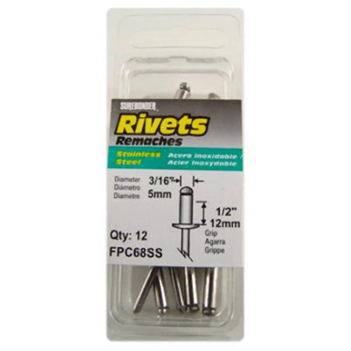 Surebonder All-Stainless Steel Rivets, 12-Pack, 3/16 in. Diameter, 0.376-0.500 in. Grip Range, for Water Sports, Sailing Secure Joints, Grip 0.376–0.5"