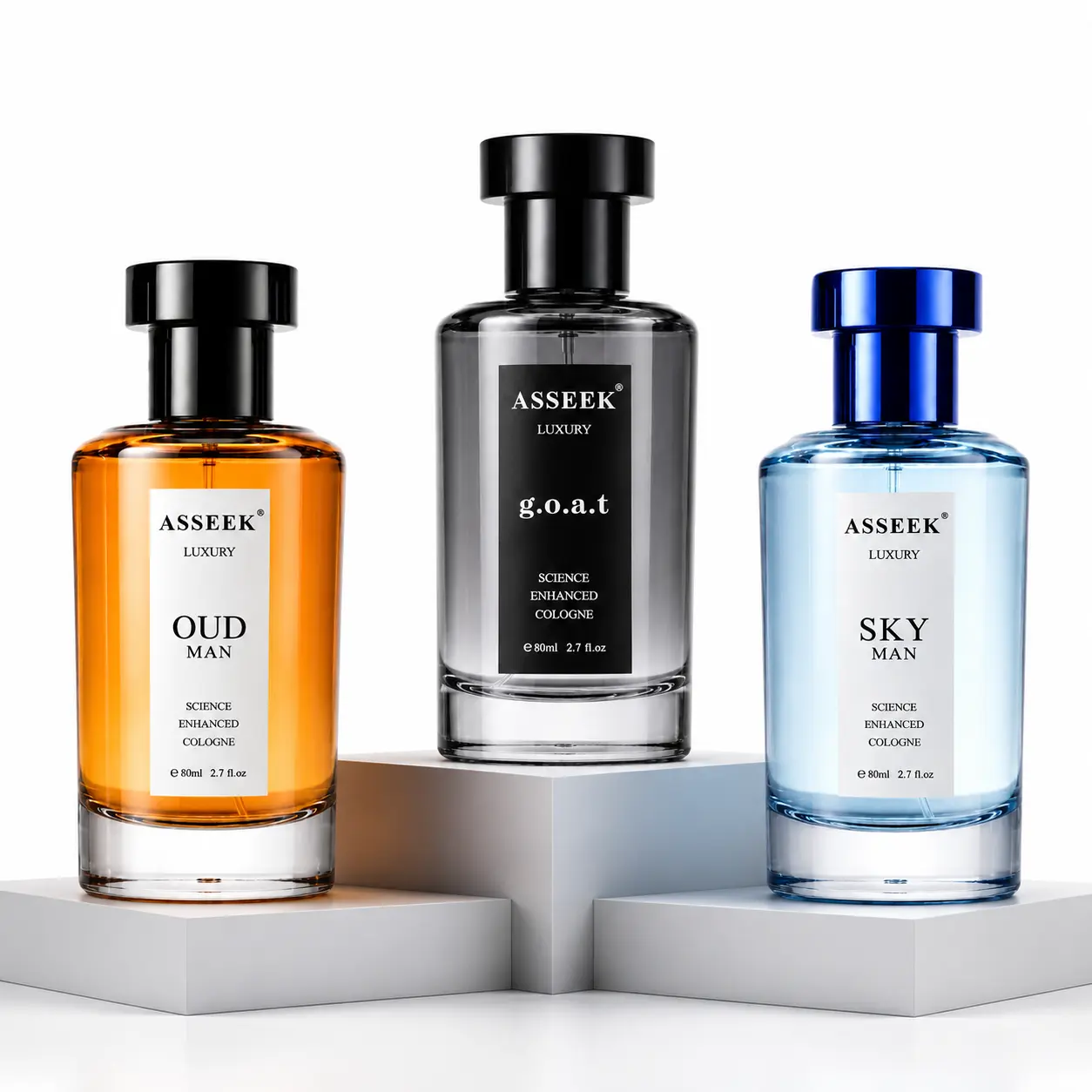 ASSEEK Luxury Men's Cologne Collection Set | g.o.a.t, OUD MAN & SKY MAN | 3 x 80ml (2.7 fl oz Each) | Woody Fougere, Aromatic Woody & Fresh Aquatic Fragrance Gift Set for Men