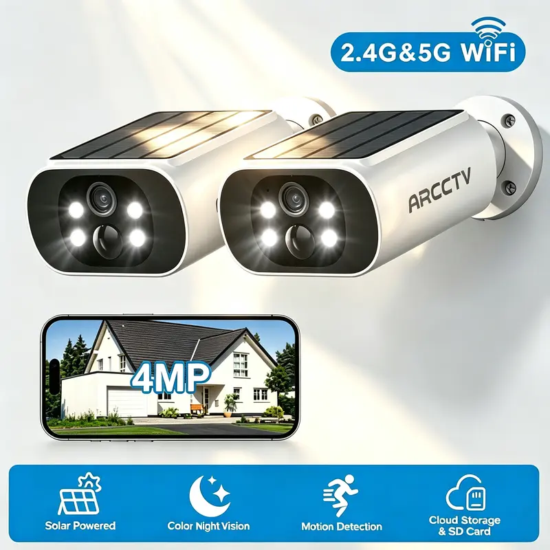 Anran 2-Pack 4MP Wireless Solar Security Cameras with ARCCTV APP, 2.4G&5G Wi-Fi, Card Support, Wall Mount, Micro SD Compatibility, IP65 Weatherproof Surveillance, 2-Way Talk, Smart Siren, Color Night Vision, Motion Detection