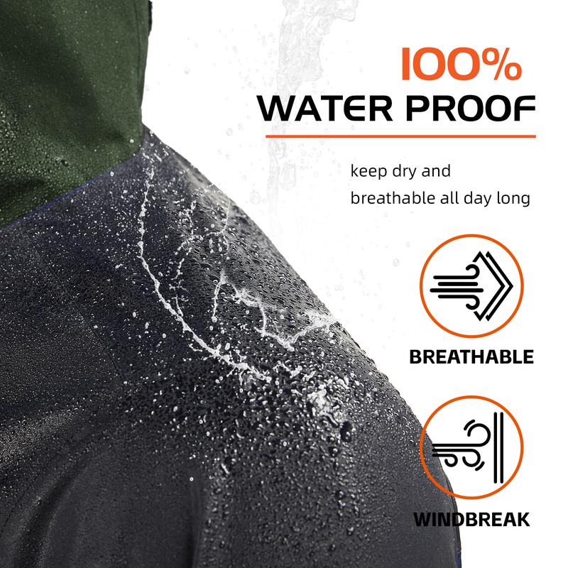 RODEEL 704 Premium Waterproof Jacket w/ Foldable Hood Men Lightweight Breathable Hooded Rainwear Durable Rain Coat Weatherproof Windbreaker For Outdoor Camping Fishing Boating Construction Roofing Landscaping Gardening Menswear, Holiday Gift