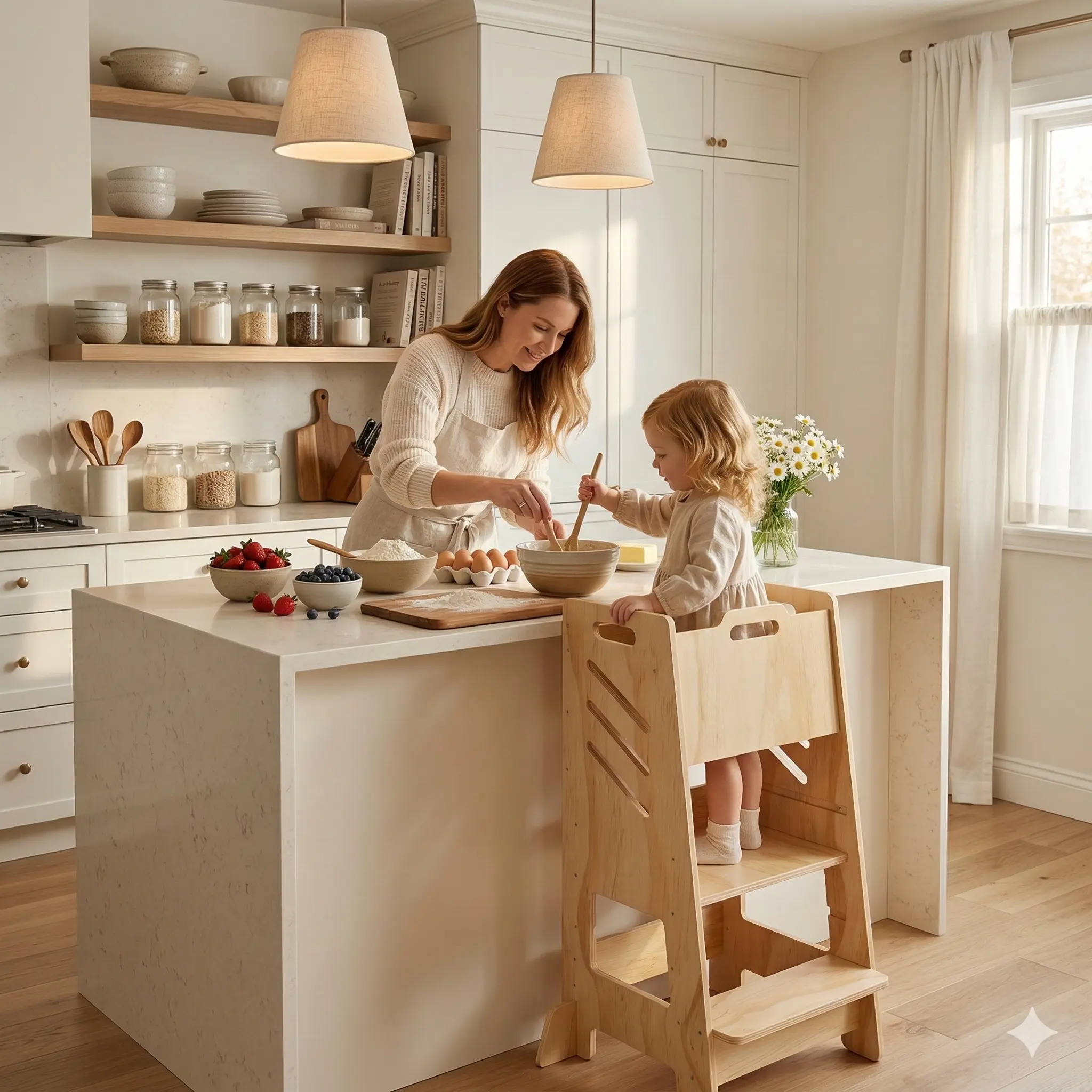 Summergarden Montessori Toddler Tower - Solid Wood Lightweight Step Stool with Grip-Strip Steps, Safety Rails, 18M-6Y Kids Furniture, Adjustable, 36.14" H x 17.83" W, Flush Safe Island Fit, for Kitchen Home Use, Multifunctional Stool