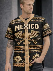 Mexico Aztec Pattern Baseball Jersey – Vintage Tribal Mexico Shirt, Mexican Pride Graphic Jersey, Streetwear Summer Shirt for Men