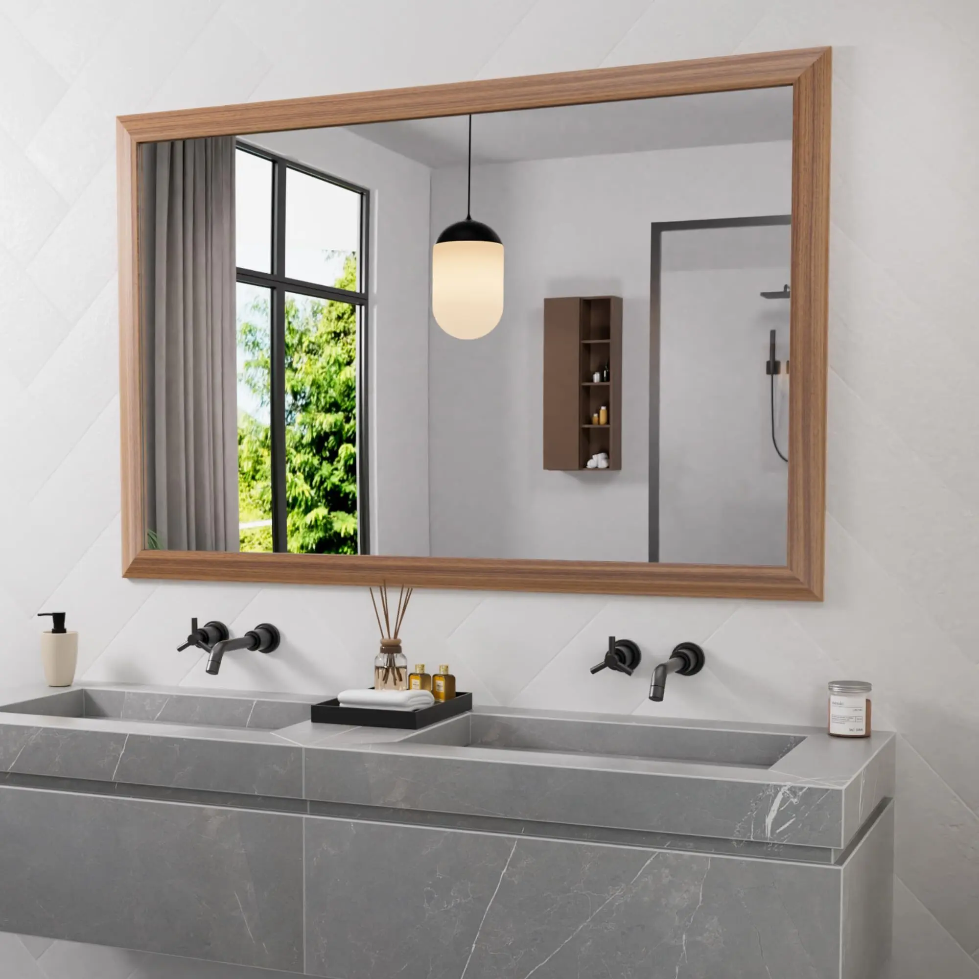 Amorho Bathroom Mirror 50x30 Inch Wall Mirror Walnut Wood Grain Metal Framed Anti-Rust Hang Horizontally/Vertically Suitable for Bedroom Farmhouse Bathroom Decorative