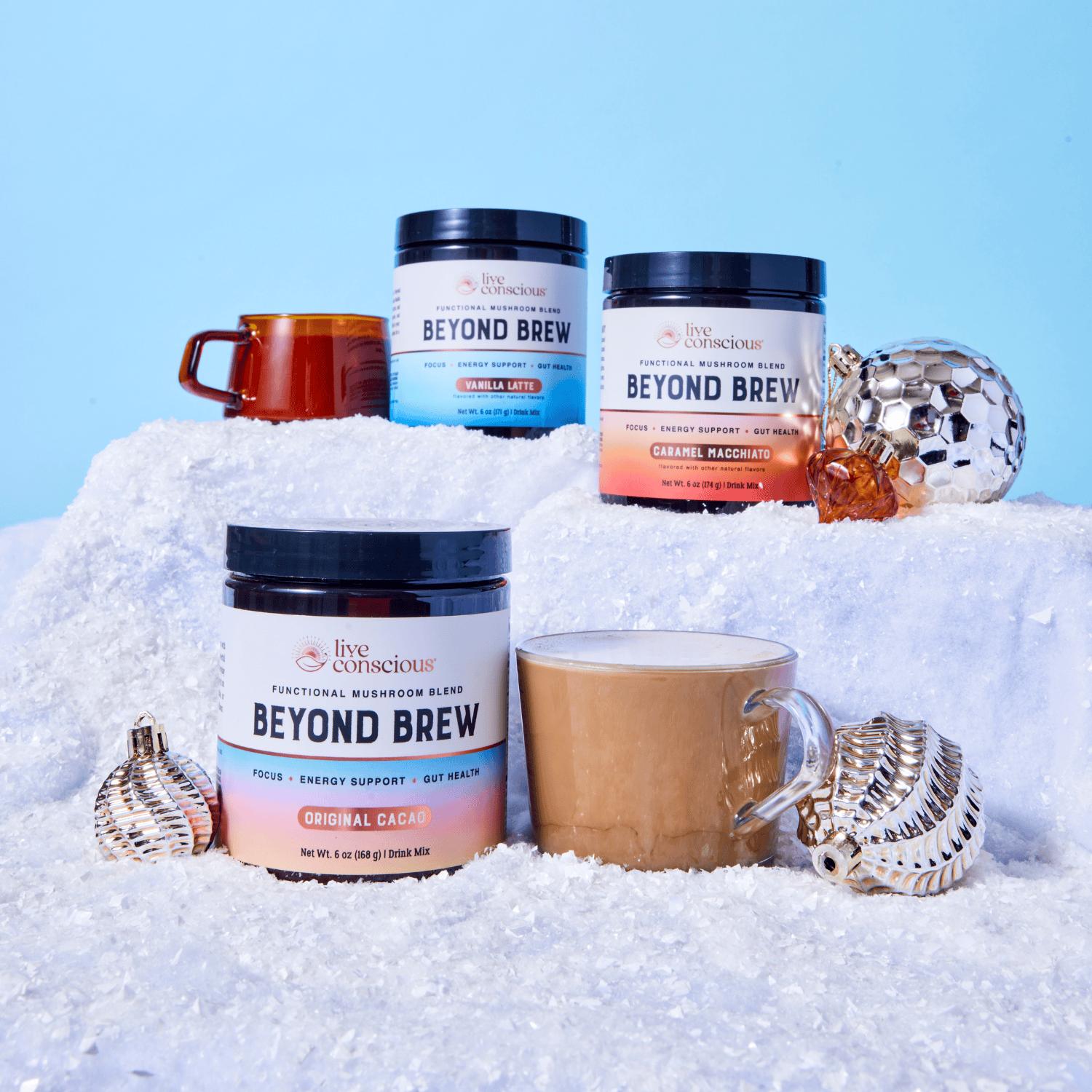 Live Conscious Beyond Brew - 6-in-1 Functional Mushroom Blend, Powder Drink Mix - Low Caffeine Alternative - Pre & Probiotic Gut Support