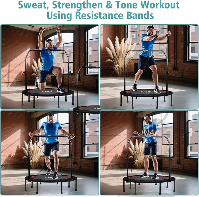 48" Foldable Home Fitness Trampoline with Adjustable Handles & Resistance Bands – for Adults & Kids, Indoor/Outdoor Exercise Equipment