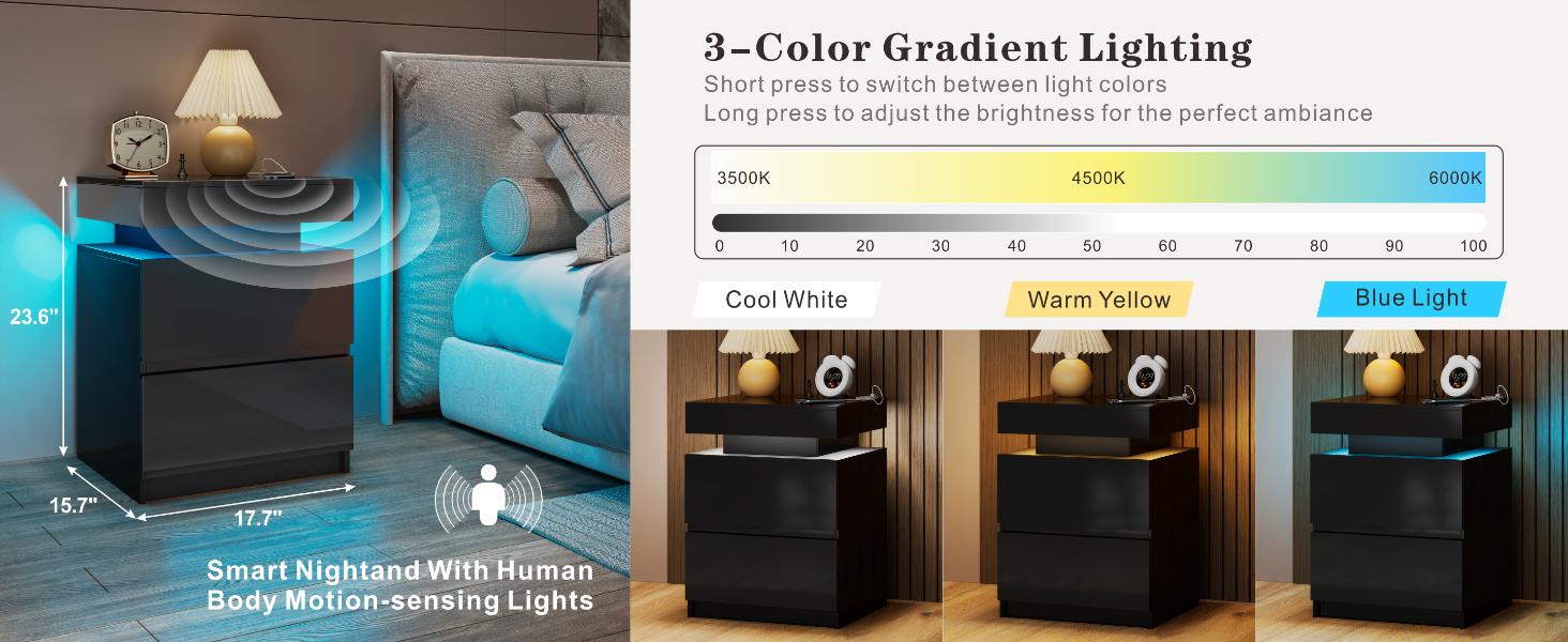 Miuvanity Nightstand Gun Drawer with USB & Type-C Port, LED Light, Modern Design for Office & Bedroom Storage, Includes Charging Station Bedside Table