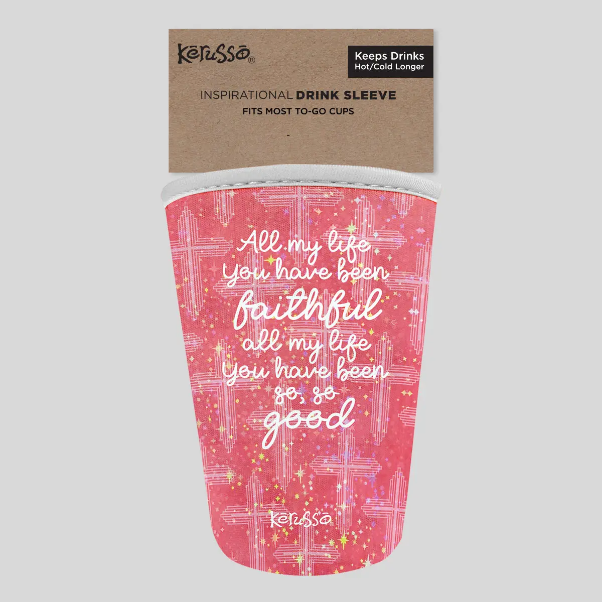 Kerusso Insulated Cup Sleeve - Lyrics Print, Lightweight, Flexible Fit, 5.5" High x 5.0" Wide, Keeps Surfaces Ring-Free, Portable Reusable Kitchenware Drinkware Accessory for God’s Faithfulness, Fits Most Cups, Drink Sleeve