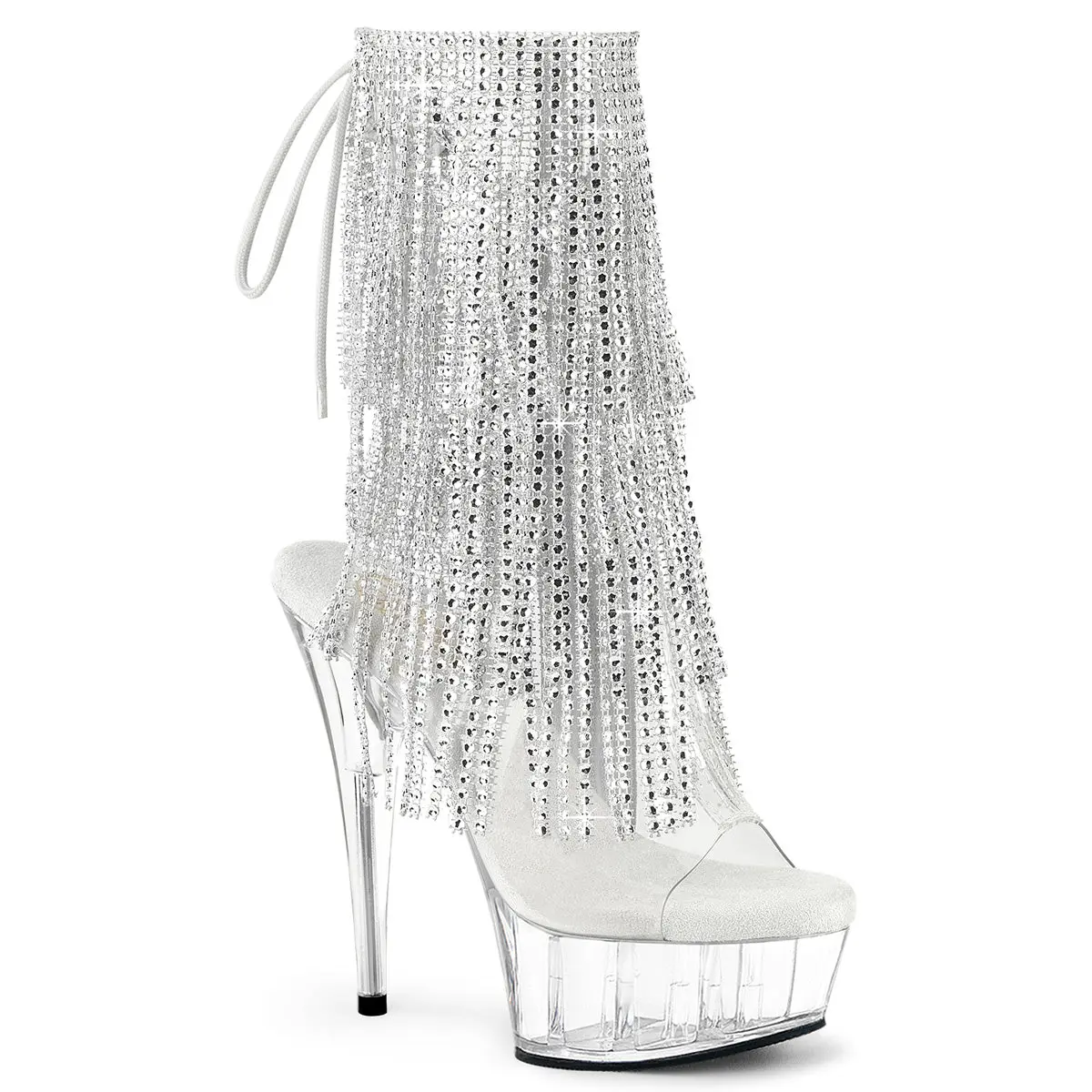 Pleaser Delight-1017RSF Women's Heeled Boots, Stylish Open Toe Shoe with Rhinestone Fringe and 6" Heel, Lace Up Footwear