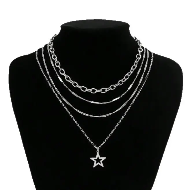 Punk Style 4-Piece Star Pendant Necklace Set - Unique Layered Statement Piece, Goth Vibes, Funky Unique Accessories, Ideal Gift for Punk Fashion Lovers, Modern Versatile Streetwear Jewelry, Star Fashion Accessory Sets, Gothic Fashion Accessory Sets