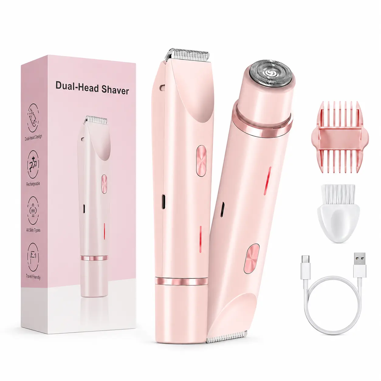 Painless Trimmer Shaver Set for Women, 2-in-1 Rechargeable Wireless Trimmer with Dual Heads for Bikini, Body, and Face - IPX7 Waterproof, Gifts For Women, Hair Tools, Smooth Shave, Biknini Trimmer