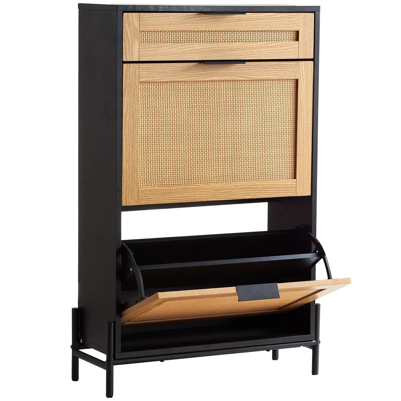 VEVOR Rattan Shoe Cabinet,  Narrow Shoe Storage Organizer with 2 Flip Rattan Drawers & 1 Slide Drawer, Metal Legs, Slim Shoe Entryway Cabinet Ideal for Entryway, Closet, Hallway, Black,dorm room inspo,college dorm essentials,dorm haul