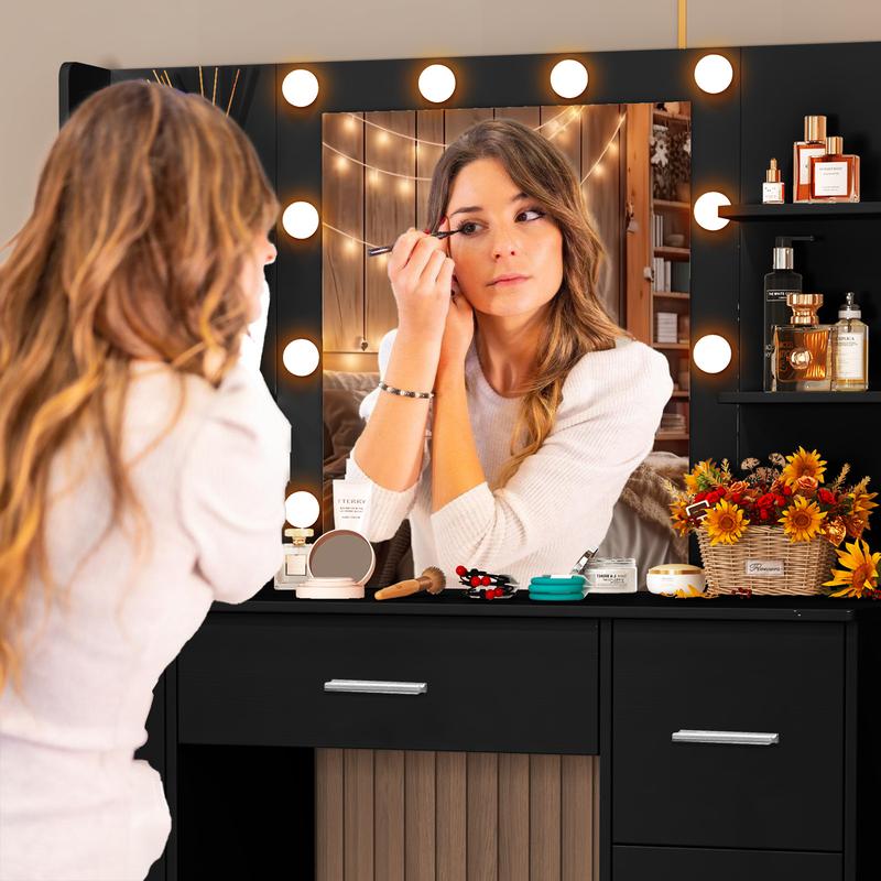 Black LED Dressing Mirror Makeup Table Bedroom Vanity Unit Set with 7 Drawers