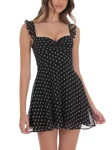 Lucy In The Sky Polka Dot Ruffle Strap A-Line Dress in Black
