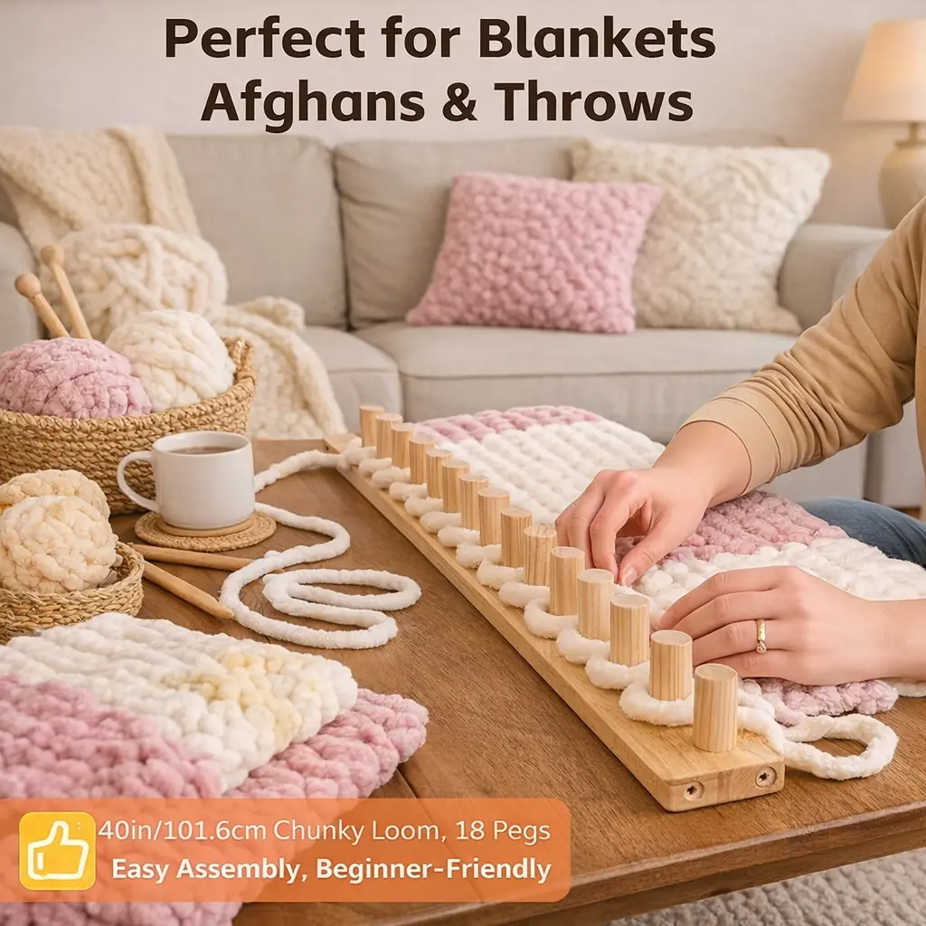 Wooden Frame Handweaving Loom Kit with Pegs - Adjustable Size, Chunky Yarn Tool, Easy-Assembly Beginner-Friendly DIY Hobbies Kit for Adults, Diy Plush Blanket Afghan & Throw Maker