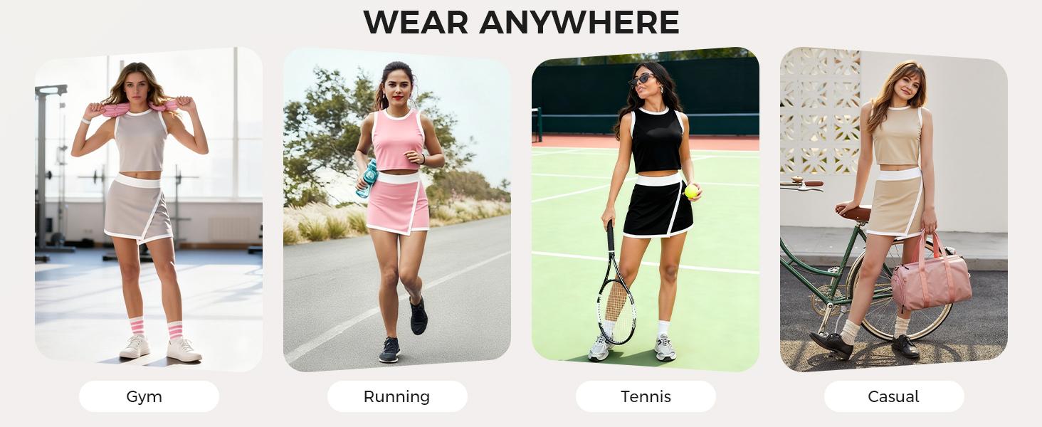 FISOEW Sports  2026 Summer Spring Womens 2 Piece Outfits Casual Sleeveless Contrast Color Tank Tops Workout High Waisted Skort Skirts Sets Fashion Minimalist FallFreshness Shorts Clothes, SpringStatements