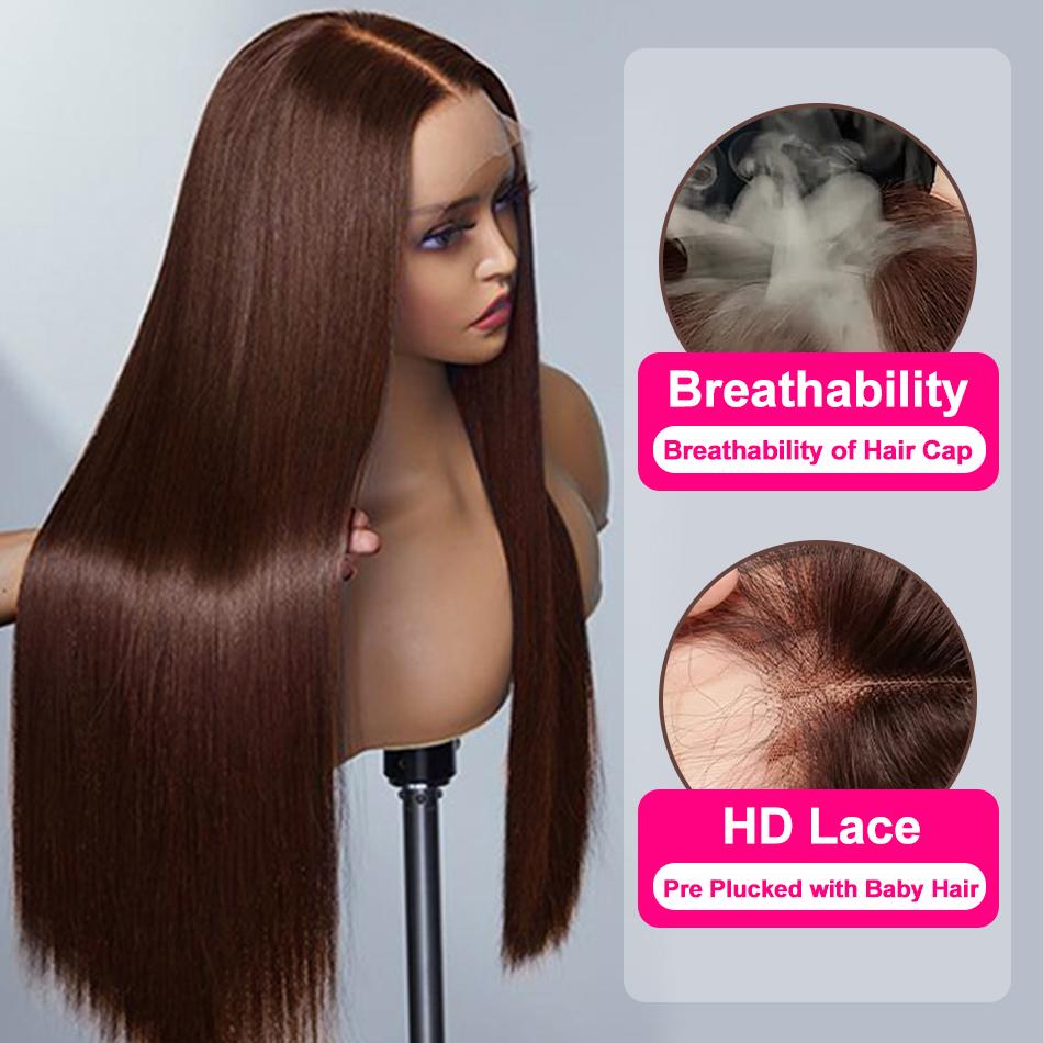 #4 Chocolate Ginger Brown 13X6 HD Lace Frontal Human Hair Wigs 180% Density Bone Straight 99J Straight Burgundy Red Colored 13X6 Lace Front Wig For Women Lace Front Wigs