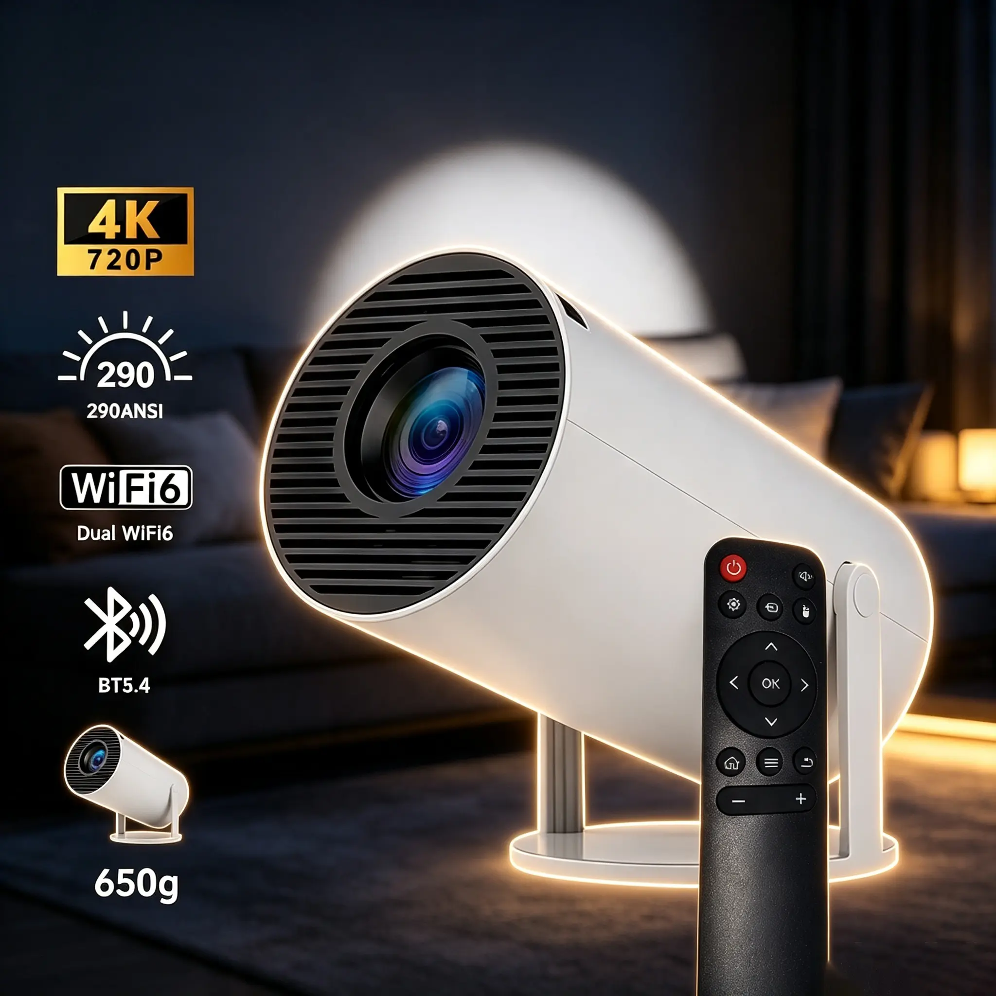 Mini Portable Tabletop Pico Smart cosy Projector - 720P Full HD LED, 290 ANSI Lumens, Wireless Bluetooth 5.4, WiFi, Android OS, Auto Keystone, 180° Rotatable, 130" Screen, Built-In Speaker, Remote Control, Mount Compatible for Gaming & Small Space Use, Au