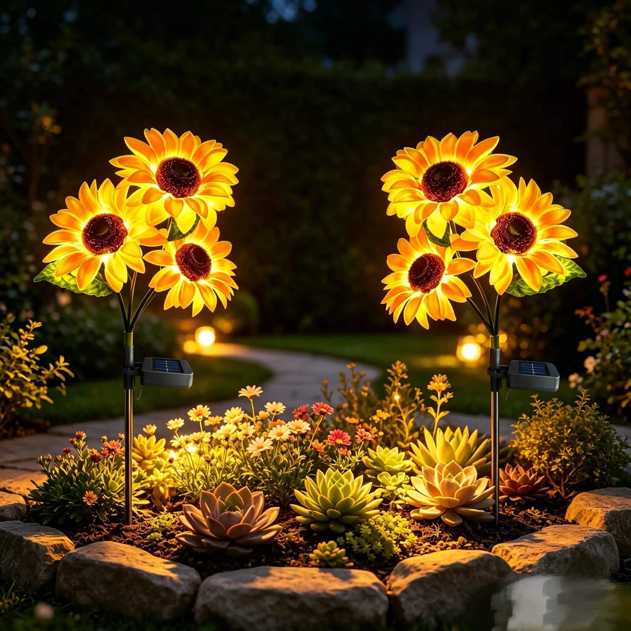 2-Pack Solar Sunflower LED Garden Lanterns - Decorative Solar Lights Outdoor, Vibrant Yellow Plastic, Durable, IP44, Auto Shut-Off, Batteries Included, LED Outdoor Lamp, 2 Items for Patio Backyard Glow Up