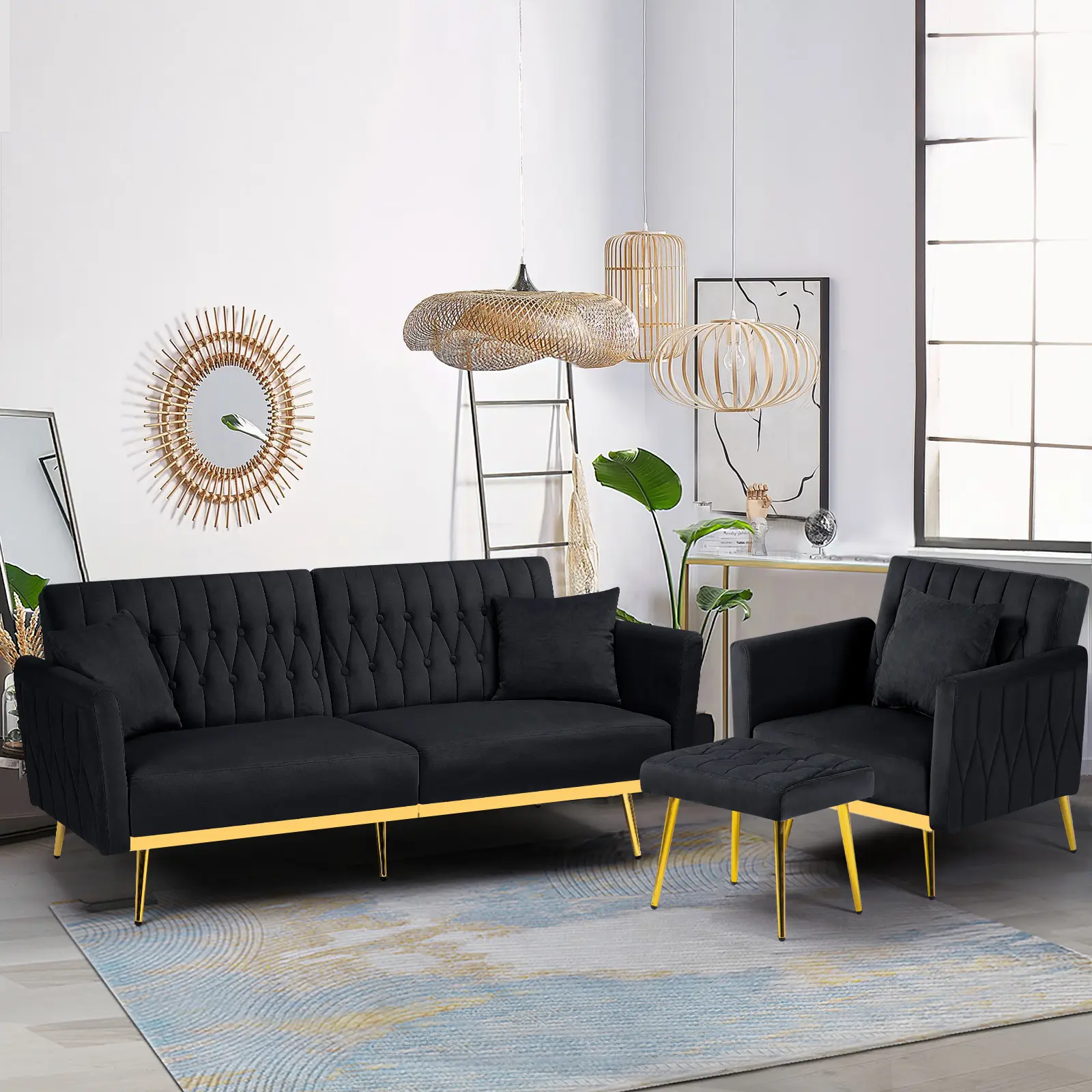 ACMEASE 2-Piece Luxury Velvet Indoor Furniture Set - 70” Convertible Futon Couch with Adjustable Armrest & Backrest, Aesthetic Design Interior Lounge Accent Chair with Ottoman for Living Room, Bedroom