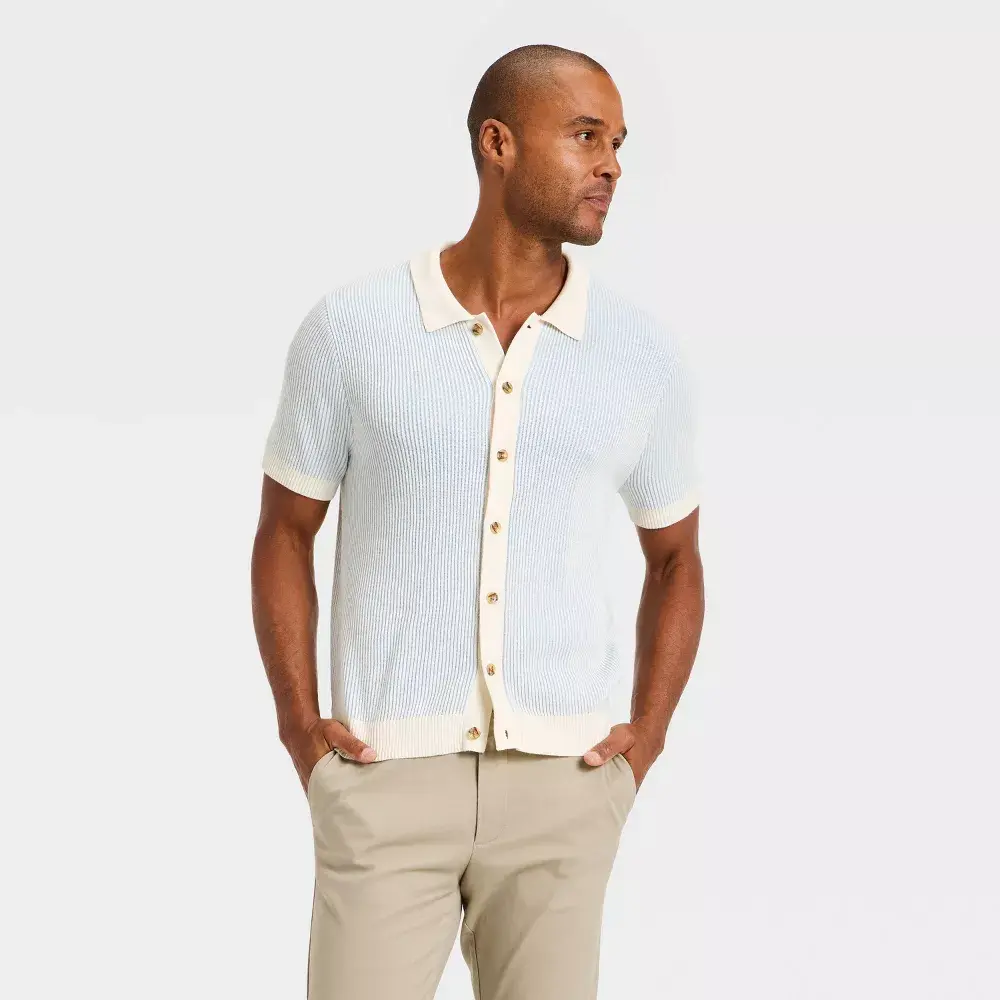 Goodfellow & Co Men's Regular Fit Collared Ribbed Short-Sleeve Full-Button Polo - Premium Fabric Casual Menswear Top