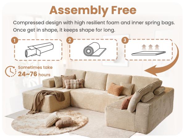 【3 Packages Shipping】Ovios 133" Sectional Cloud Couch for Living Room, Modular Floor Sofa with Plush Corduroy, No Assembly Required, Big Comfy Couches Set with Fluffy Memory Foam, Stupendous U Shaped Sofas with Chaise