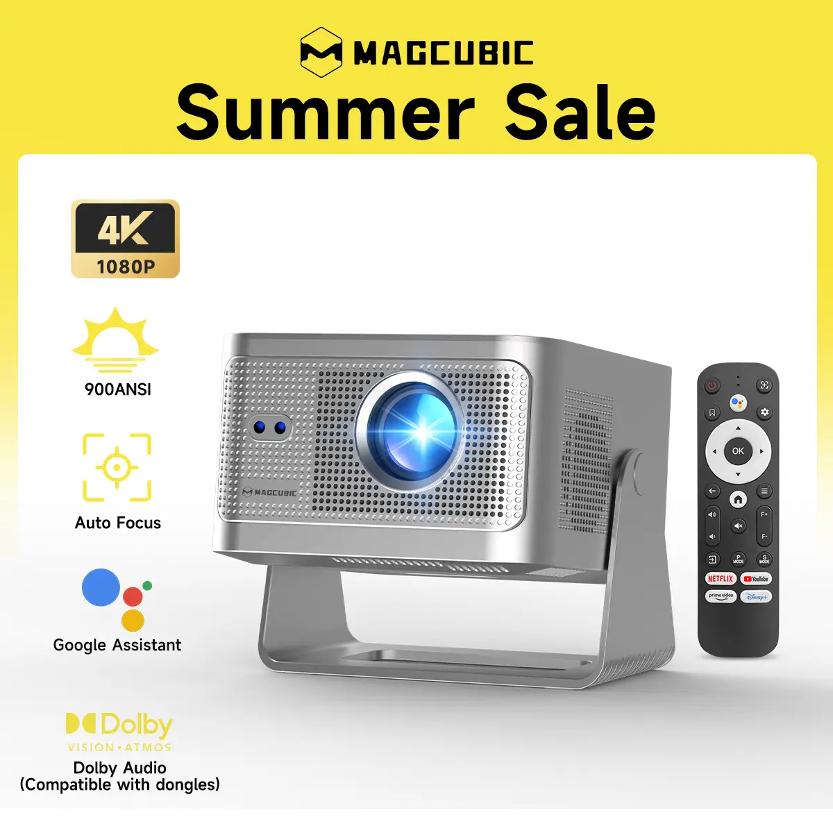 [Google TV stick Bundled] Magcubic HY350GT Projector with Officially Certificated Google TV 900ANSI Dolby Audio(Dongle support) Auto Focus Google Voice Assistant 4K Decode Built-in 15W speaker HDR10+ BT5.1 Dual WiFi Native 1080P Portable Smart Home Cinema