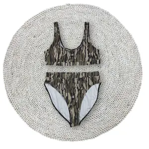 Adult Women Tree Leaves Camouflage 2pcs Bikini Swimsuits Top Bottom for Summer Beachwear
