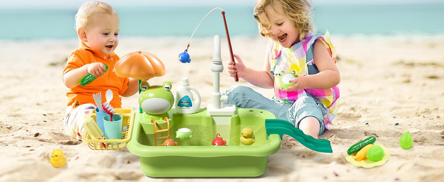 CUTE STONE Play Sink with Running Water Interactive Kitchen Sink Toys Upgraded Electric Faucet Pool Floating Fishing Toys for Water Play Miniature Cooking Set Kids Vanity - Artificial