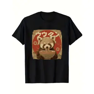 Men'S Fun Red Panda Ramen Graphic T-Shirt - Black Casual Short-Sleeve Round Neck, Suitable for Outdoor Activities And Everyday Wear