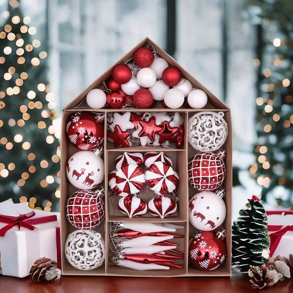 Endearing Prominent Red and White Christmas Ornament Set, Bauble Bundle with Candycane Colors and Patterns 70 Pieces