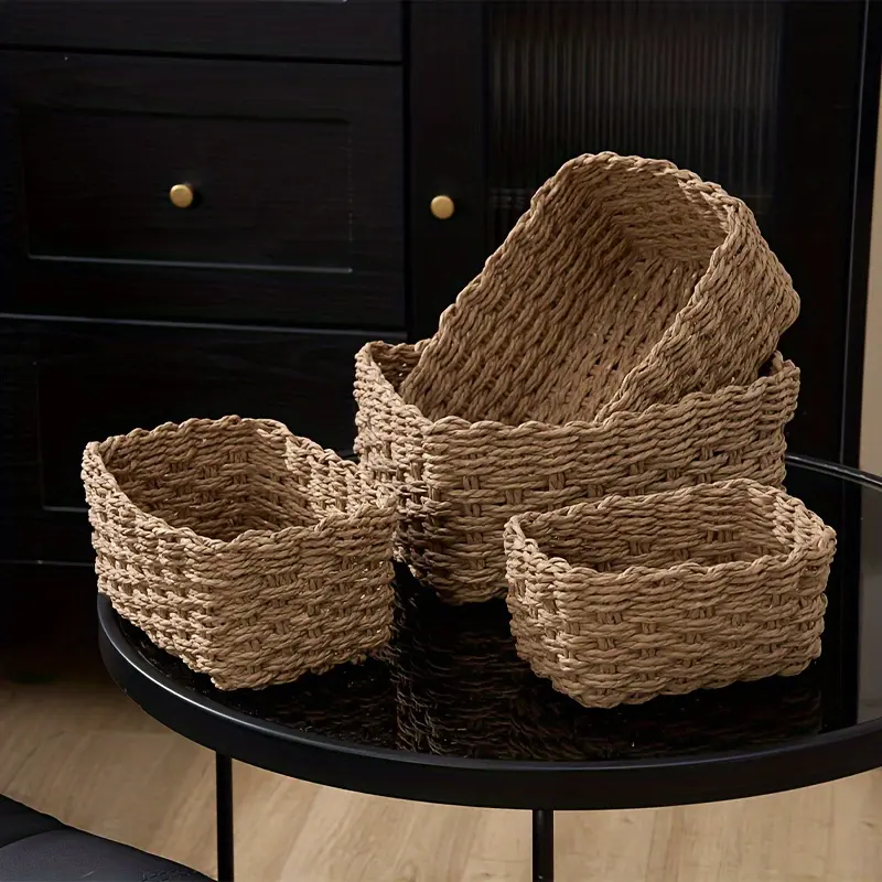 4pcs Woven Storage Basket, Paper Rope Woven Basket, Decorative Storage Baskets Set, Storage Box for Sundries Cosmetics CD, Kitchen Bathroom Bedroom Living Room Accessories, Home Organization And Storage Supplies, Room Decor, Shelf Baskets