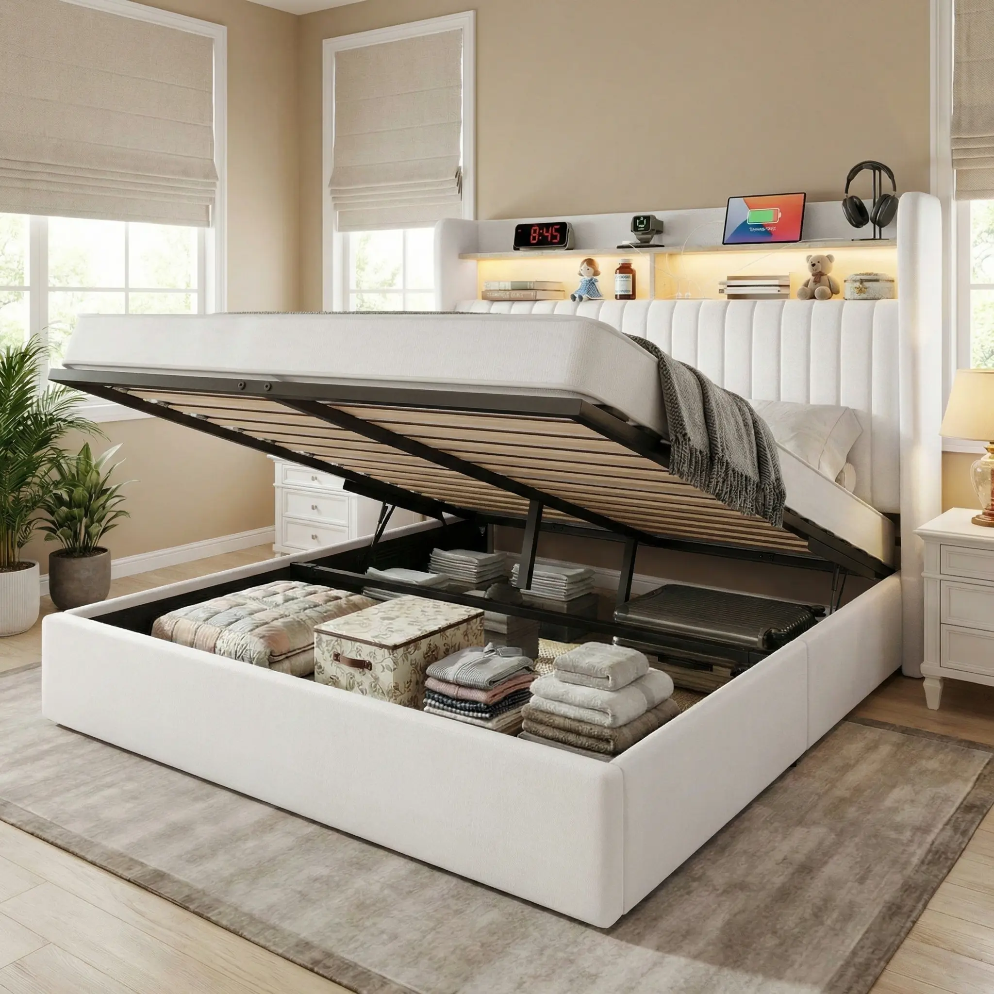 HOOMIC Full Queen King Size Lift Up Storage Bed Frame with Charging Station, Featuring a Storage Shelf Headboard with USB and Type-C Ports, Hydraulic Support, Velvet Upholstery, and No Box Spring Needed, Grey Black White Cream White#SummerVibes