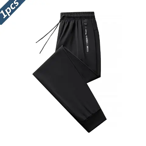 Men's Ice Silk Quick-Dry Track Pants - 1PCS, Male Clothing, Drawstring Elastic Waistband, Zippered Pockets, Thin Skin-Friendly Smooth Breathable Fabric, Activewear for Summer Outdoor & Indoor Fitness