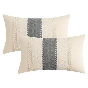 REGALWOVEN 2pcs Geometry Weave Throw Pillow Covers for Sofa Living Room Boho Farmhouse Decor 12 x 20 Inch Grey