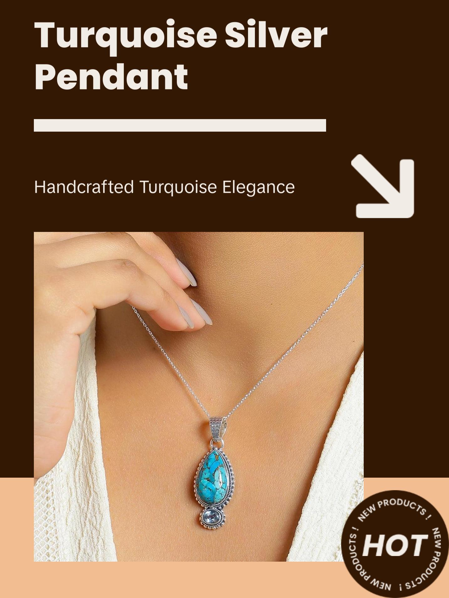 Women  Turquoise Necklace Solid 925 Sterling Silver Blue Copper