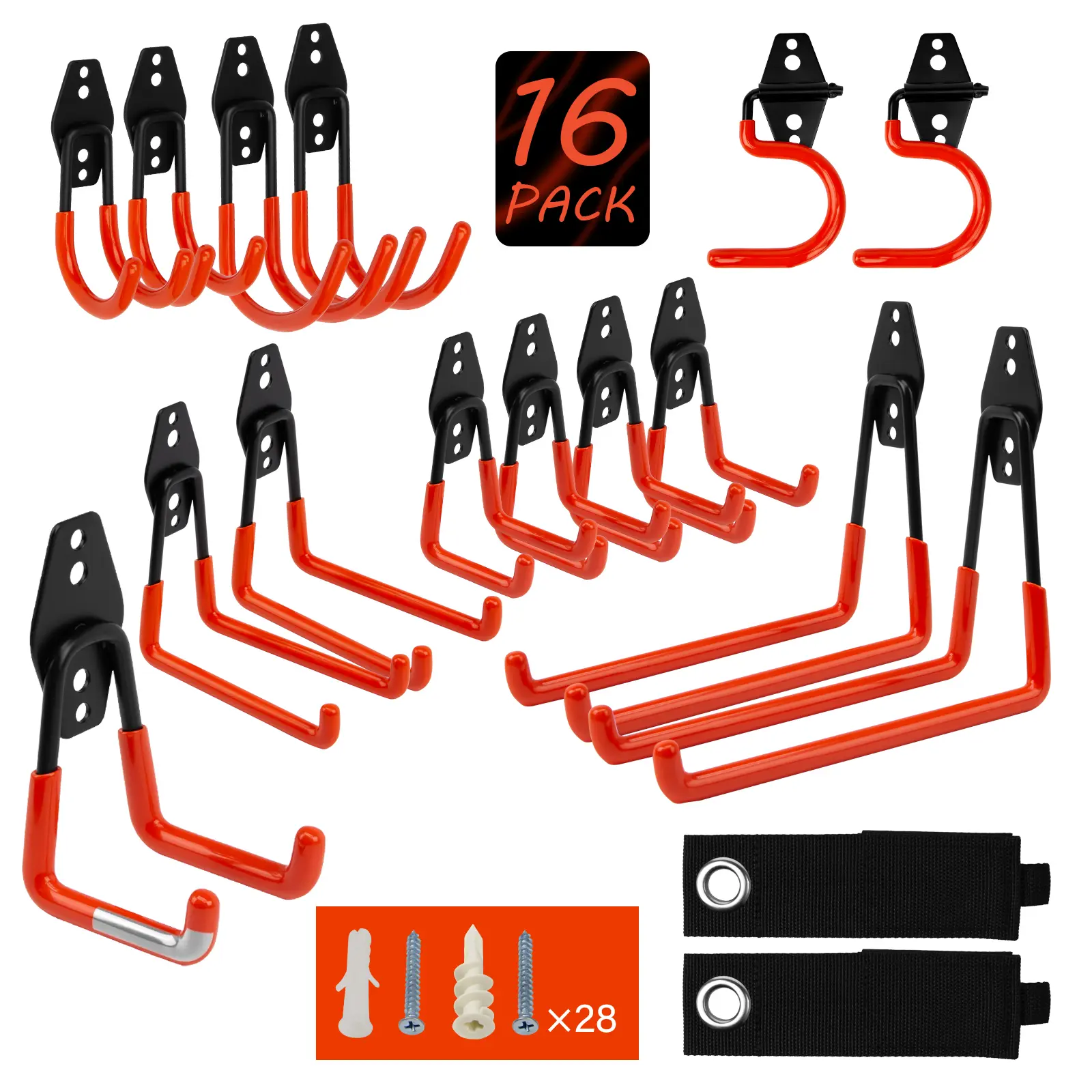 16PCS Heavy Duty Wall-Mounted Garage Storage Hooks Set with Hardware & Straps Multi-Shape Organizer for Tools Bikes Ladders Garden Equipment in Garage Shed Workshop