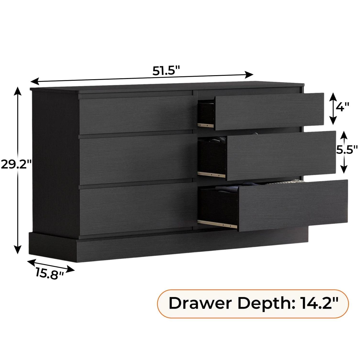 51.5 Inches Wide Dresser with 6 Drawers Black