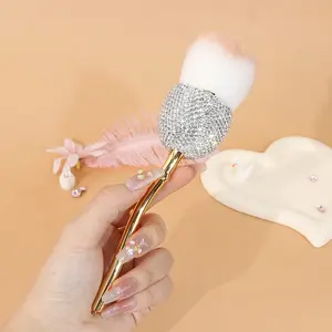 Rhinestone-Encrusted Makeup Brushes, 2 Styles (Powder Puff / Blush), 19cm Long Handle Beauty Tools