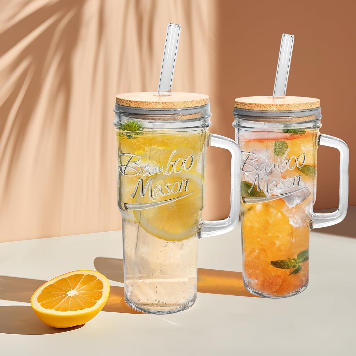ANOTION 24oz Glass Cups with Lids and Straws with Handle  -Tumbler Coffee Cups Mason Jar Cups Drinking Set Coffee Bar Accessories