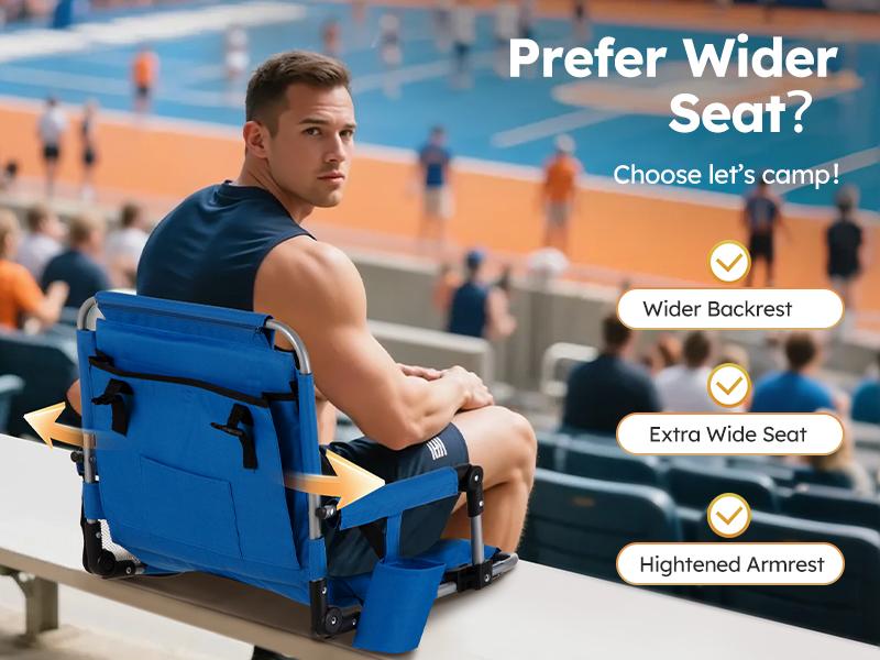 PHI VILLA Stadium Seat with Back Support, Bleach Seat with Backrest and Cushion, Stadium Chair with Cup Holders, Mesh Bag and Hidden Hook for Basketball and Soccer Bench Blue