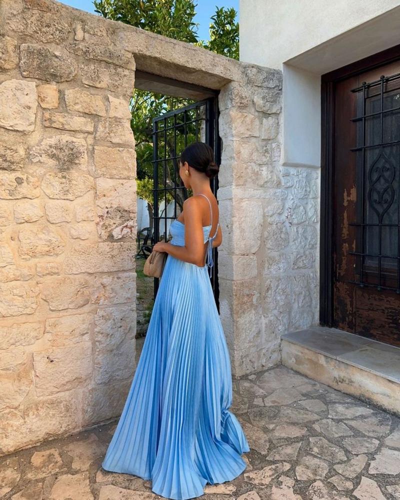 Pure Color Tube-top Brunch Summer Dress in Sky Blue Pleated Design for Elegant Events