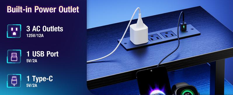 48 inch Gaming Desk with LED Lights & Power Outlets, Computer Desk with Monitor Stand & Storage Shelves, CPU Stand, Home Office Desk