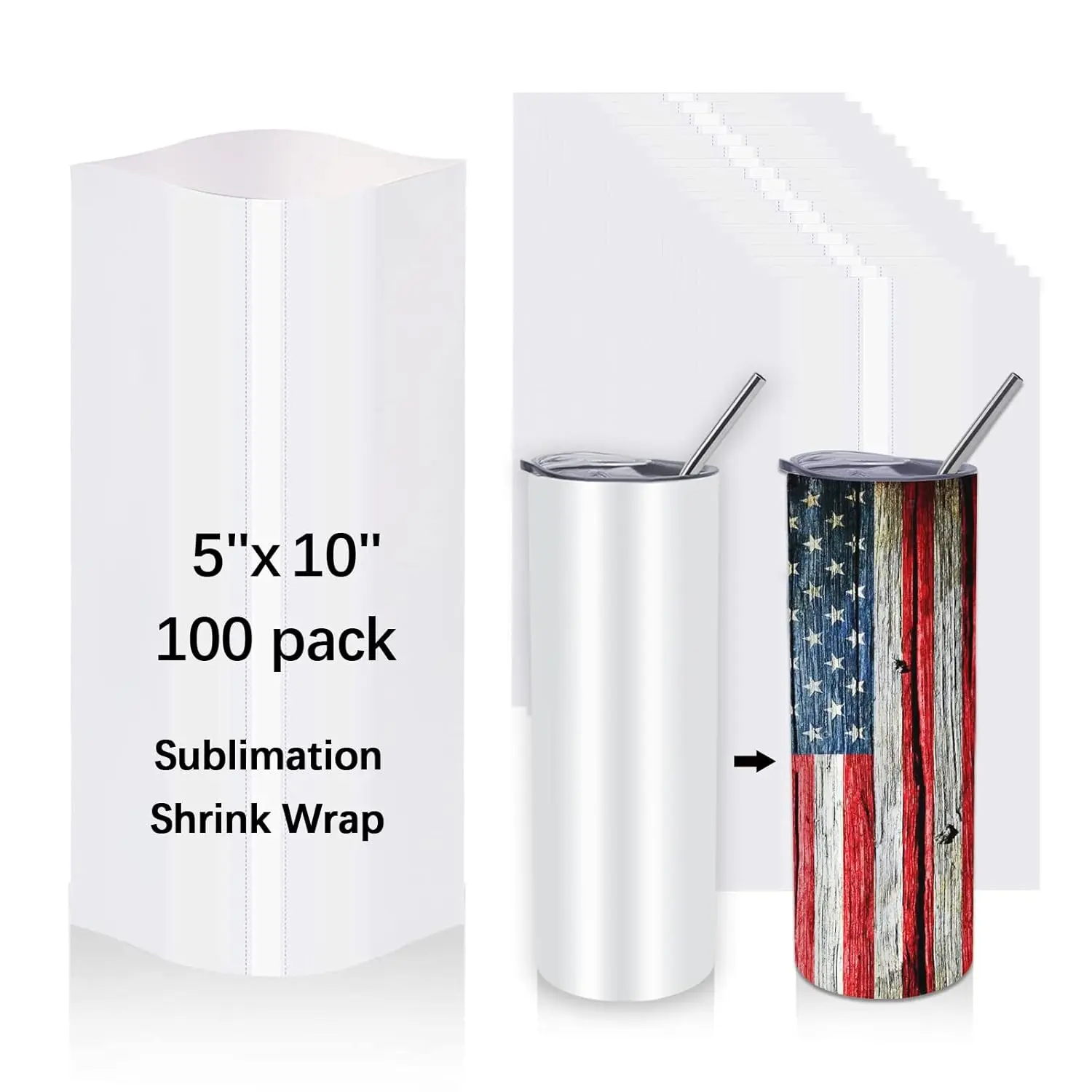 100 count Sublimation Shrink Wrap Sleeves,5x10 Inch Heat Transfer Shrink Film Bags for Blanks 20 oz Tumblers,Mugs,Cups,Shrink Wrap Bands for Sublimation