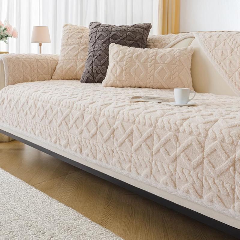 [Gift Choice] 1 Count Sofa Cover for 1-4 Seater NO BACK OR ARMREST Solid Color Jacquard Sofa Protector, Anti-slip Couch Bench Cover, Machine Washable Slipcover, Pet-friendly sofa Towel Mat for Home, Living Room, Dormitory, Hotel, Beige, Gray