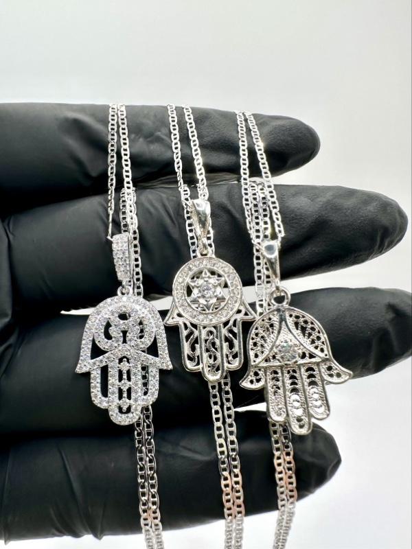 Hamsa Hand of Fatima with Evil Eye  925 Sterling Silver Pendant with 20” Marine Chain — Symbol of Protection & Good Energy
