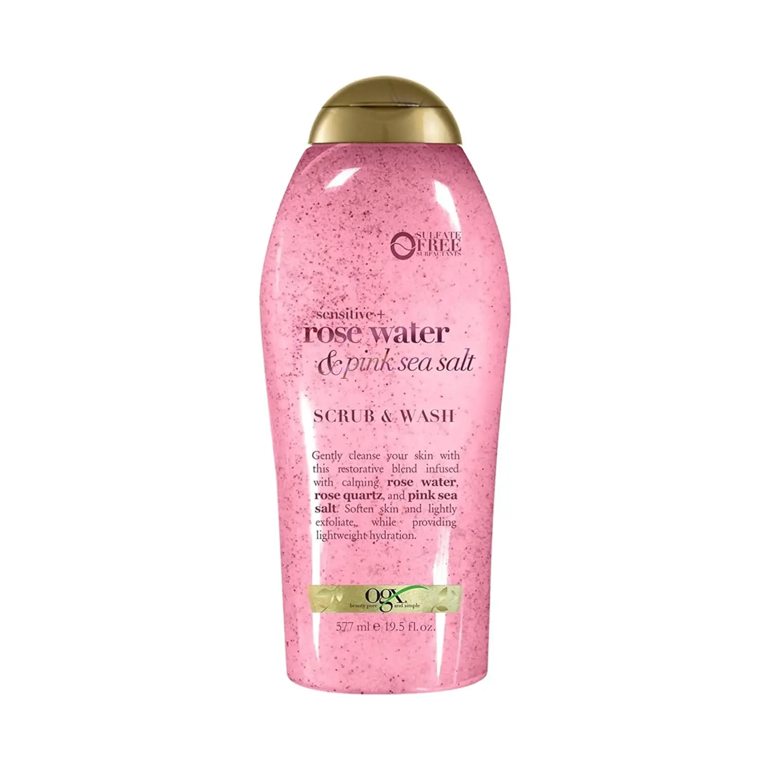 Sensitive + Rose Water & Pink Sea Salt Exfoliating Body Scrub + Rose Quartz, Gentle Exfoliating Daily Body Wash Softens Skin, Body Scrub for Women, Sulfate-Free Surfactants, 19.5 fl oz