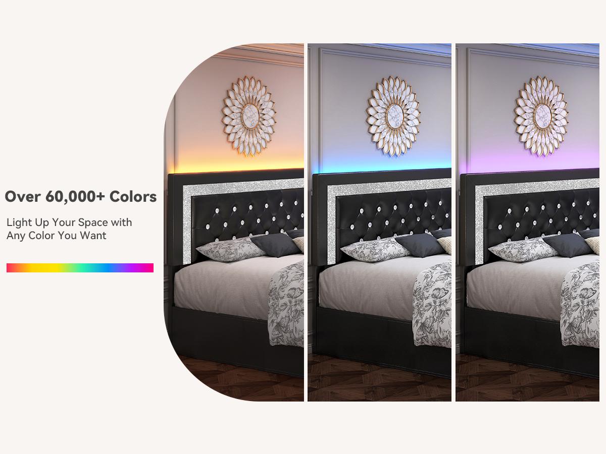 [Summervibes] Queen Bed Frame with LED Lights & Adjustable Headboard - Diamond Tufted Upholstered Frame with Wooden Slats - Full bed frame with mattress - Black/White/Grey summergarden