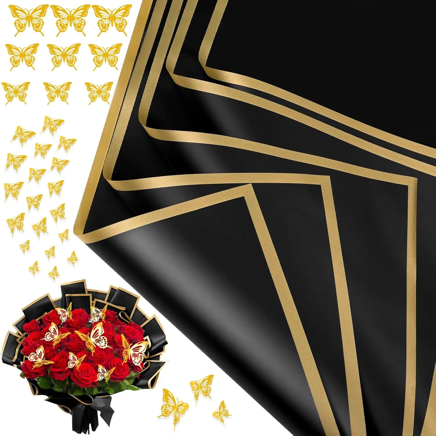 20 Sheets Flower Bouquet Wrapping Paper with 12 Pieces Gold Butterfly Decorations for Flower Bouquets, Waterproof, Gift Wrapping(Black)